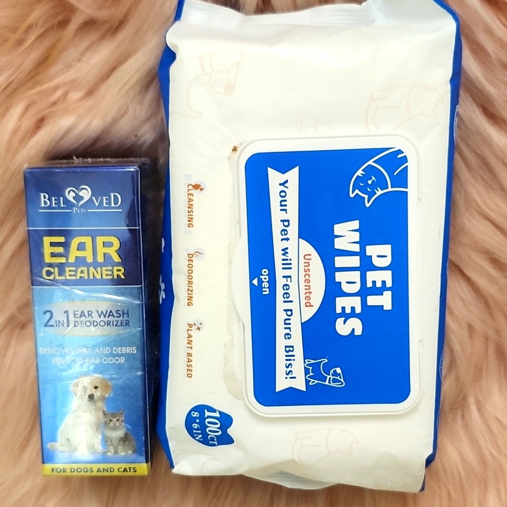 Brand New 2CT BUNDLE DOG/CAT 2-IN-1 EAR CLEANER &  UNSCENTED WIPES